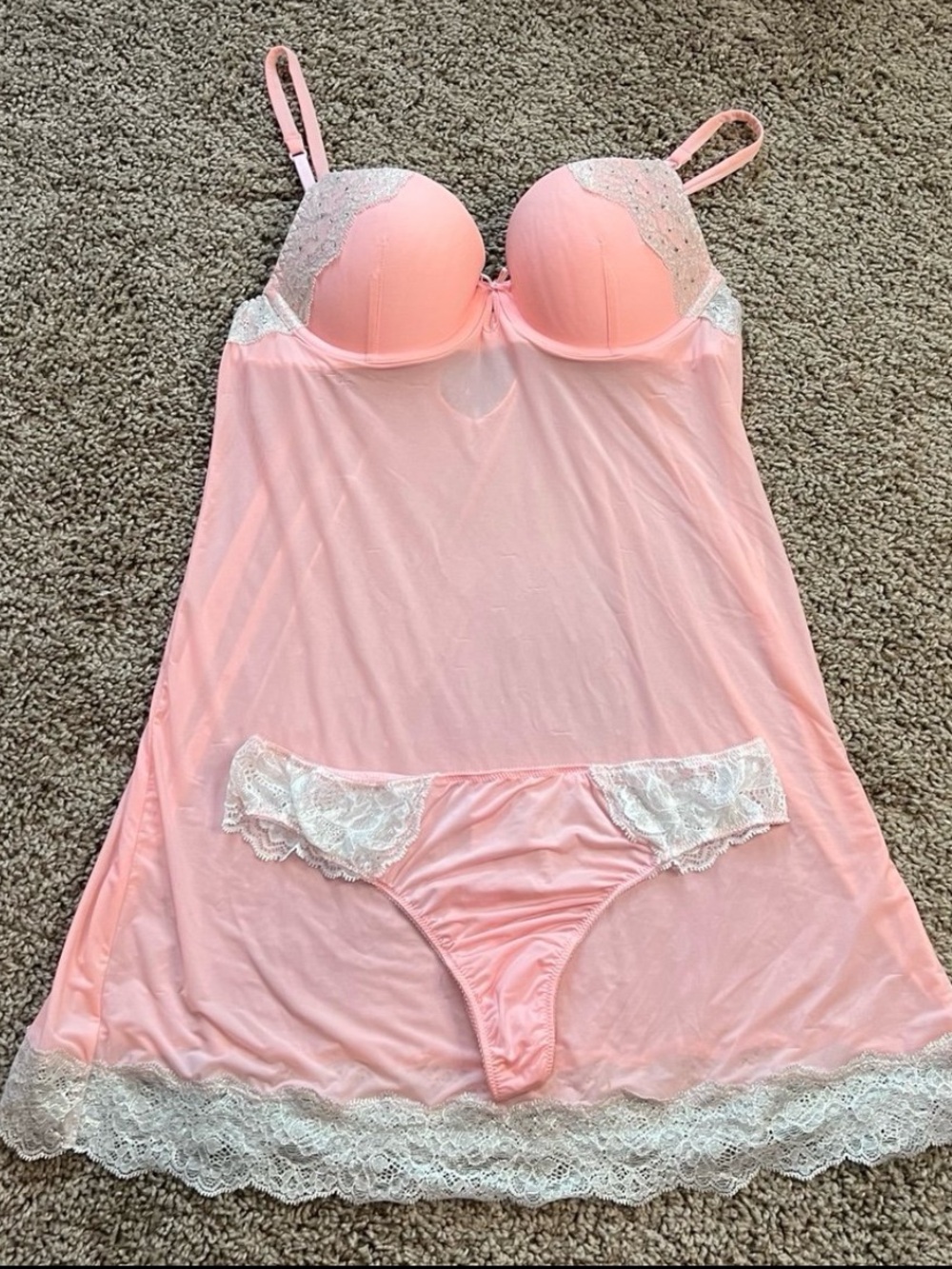 Victoria Secret Lingerie Set Teddie Nightie Thong Peach & Gold Size 34B Small